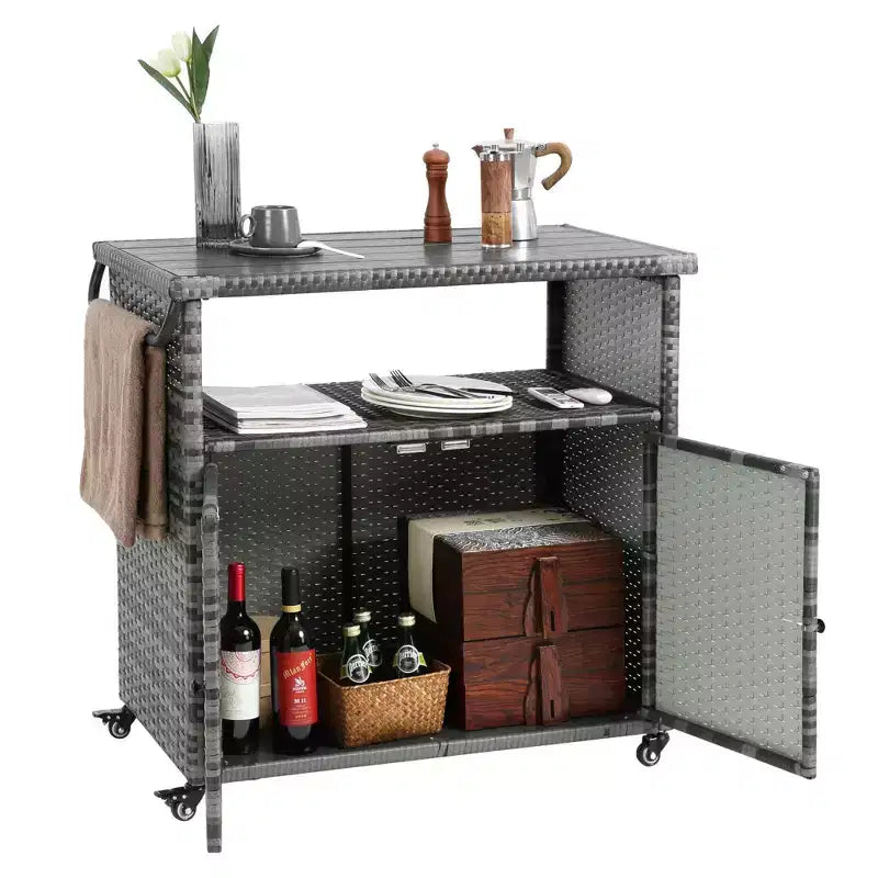 NAYSAYE Bar Serving Cart Outdoor Wicker Wine and Beverage Counter with Glass Top for Patio , Gray, 35.2*20.6*34.2