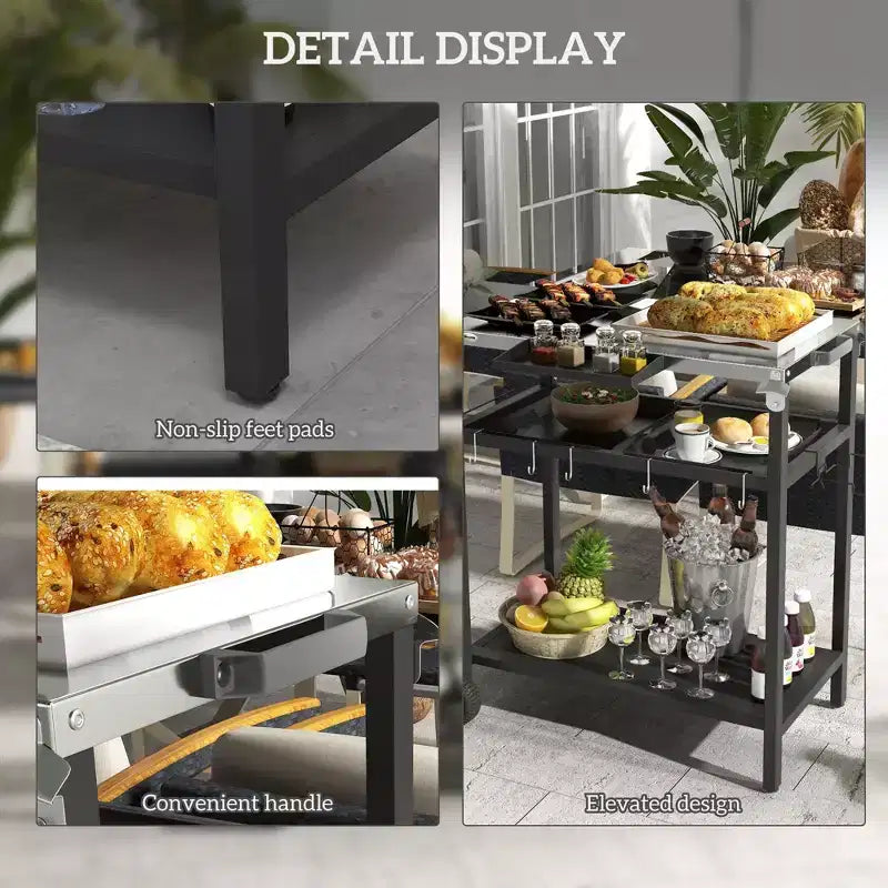 NAYSAYE Bar Serving Cart Outdoor Kitchen Island with Stainless Steel Top and Storage for Patio , Black, 48*24.4*33.1