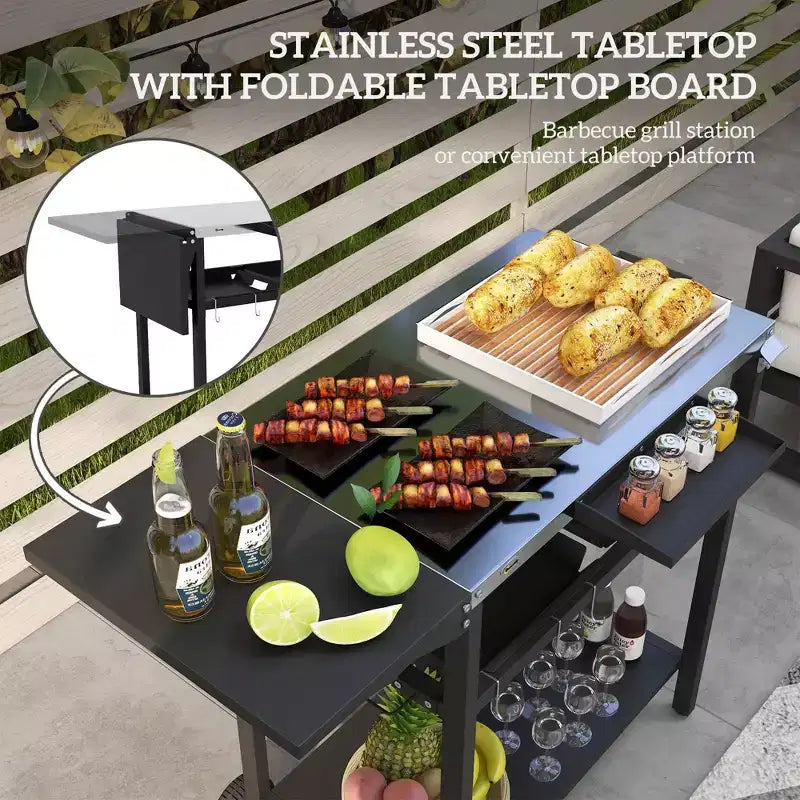 NAYSAYE Bar Serving Cart Outdoor Kitchen Island with Stainless Steel Top and Storage for Patio , Black, 48*24.4*33.1