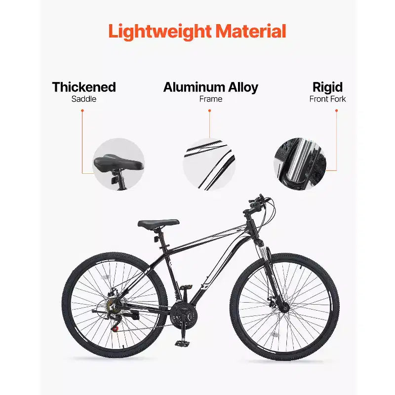 Bicicletta VEVOR Mountain Bike, MTB da 29 pollici con sospensioni anteriori, cambio SHIMANO a 21 velocità, doppi freni a disco, telaio in lega di alluminio, nera