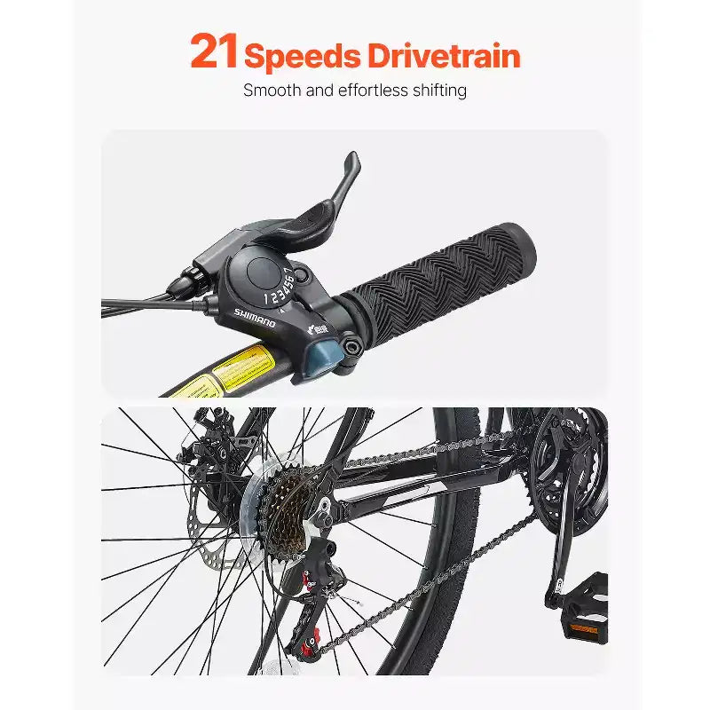 Bicicletta VEVOR Mountain Bike, MTB da 29 pollici con sospensioni anteriori, cambio SHIMANO a 21 velocità, doppi freni a disco, telaio in lega di alluminio, nera