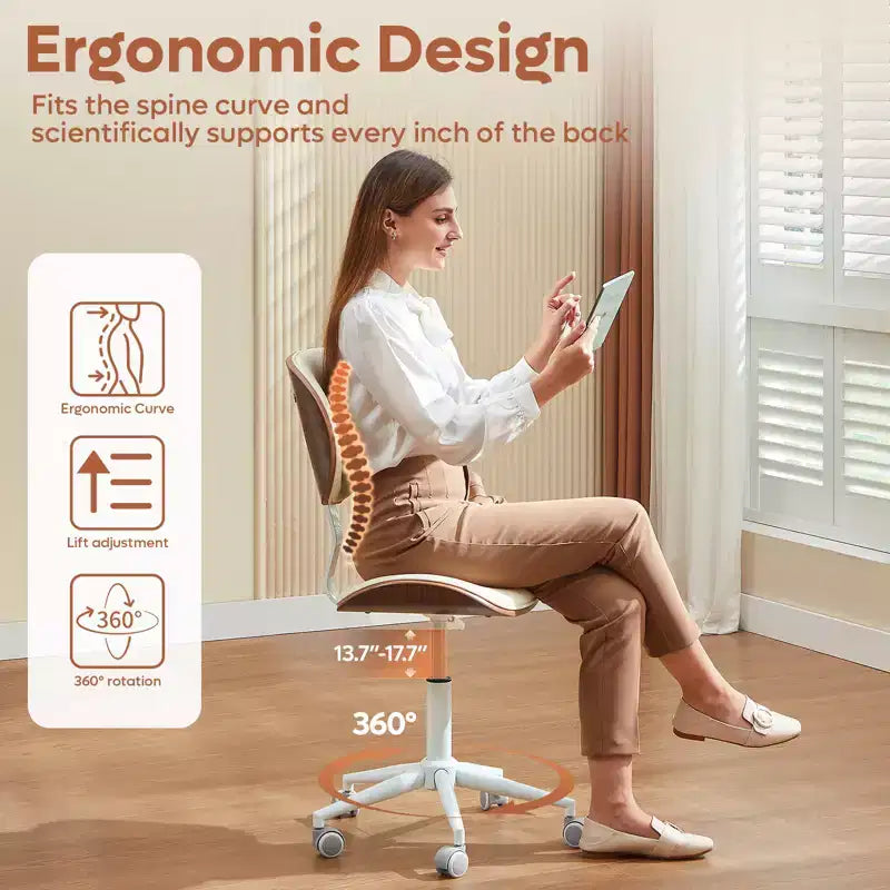 Sedia da scrivania ergonomica senza braccioli Bestier Bentwood per ufficio, comoda sedia da tavolo con supporto lombare, sedia da lavoro regolabile in altezza in pelle PU con ruote