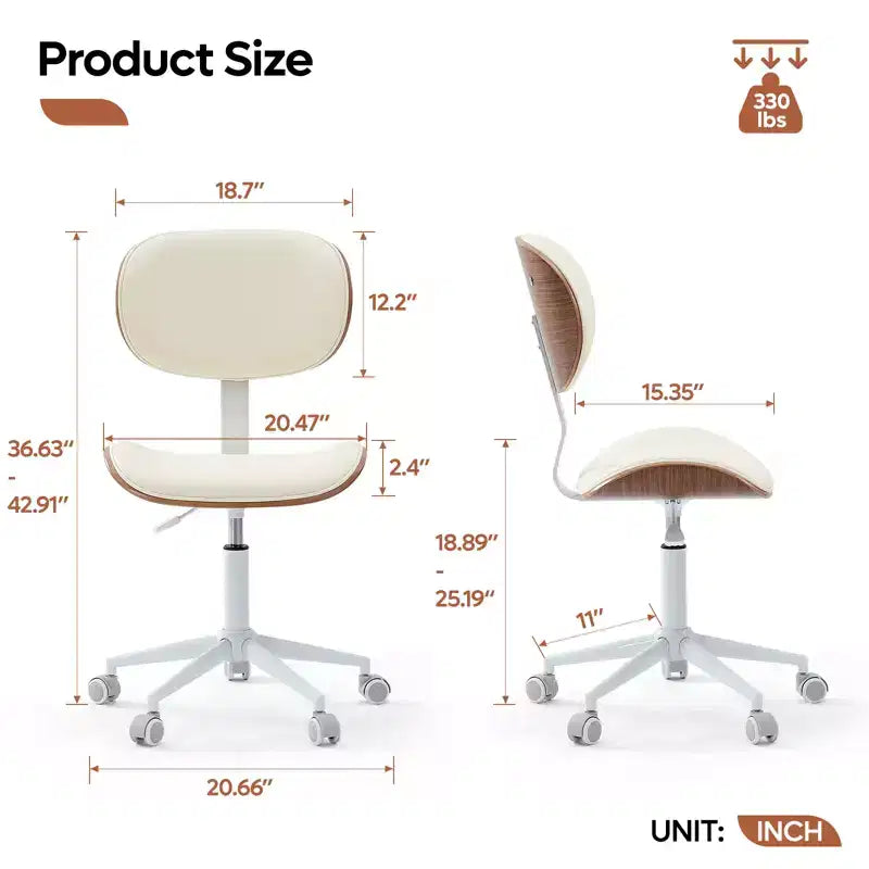Sedia da scrivania ergonomica senza braccioli Bestier Bentwood per ufficio, comoda sedia da tavolo con supporto lombare, sedia da lavoro regolabile in altezza in pelle PU con ruote