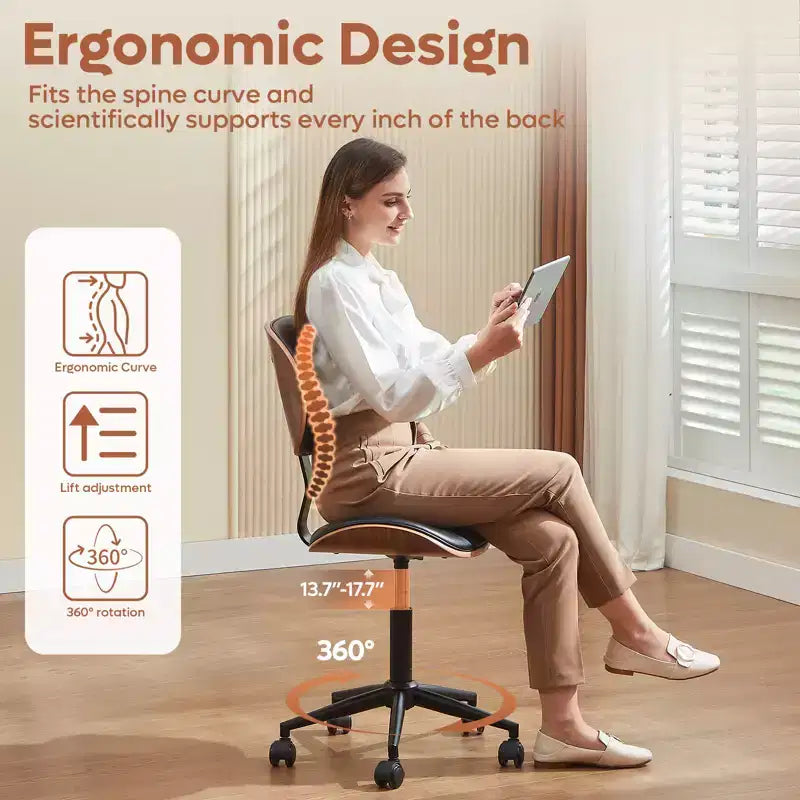 Sedia da scrivania ergonomica senza braccioli Bestier Bentwood per ufficio, comoda sedia da tavolo con supporto lombare, sedia da lavoro regolabile in altezza in pelle PU con ruote