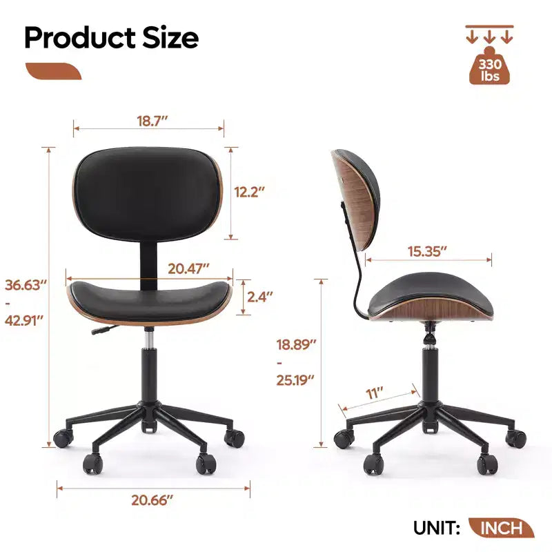 Sedia da scrivania ergonomica senza braccioli Bestier Bentwood per ufficio, comoda sedia da tavolo con supporto lombare, sedia da lavoro regolabile in altezza in pelle PU con ruote