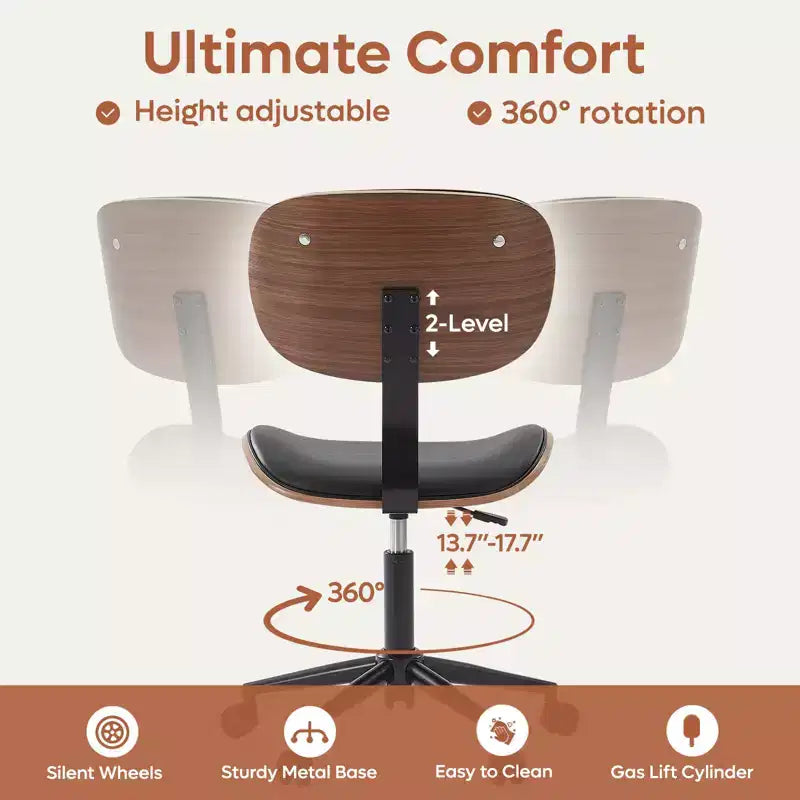 Sedia da scrivania ergonomica senza braccioli Bestier Bentwood per ufficio, comoda sedia da tavolo con supporto lombare, sedia da lavoro regolabile in altezza in pelle PU con ruote