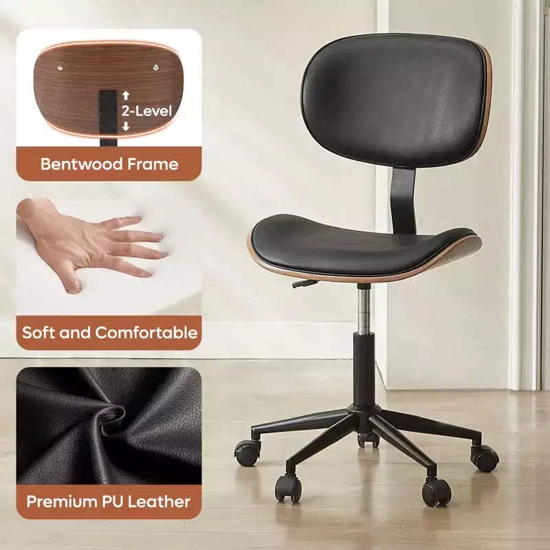 Sedia da scrivania ergonomica senza braccioli Bestier Bentwood per ufficio, comoda sedia da tavolo con supporto lombare, sedia da lavoro regolabile in altezza in pelle PU con ruote