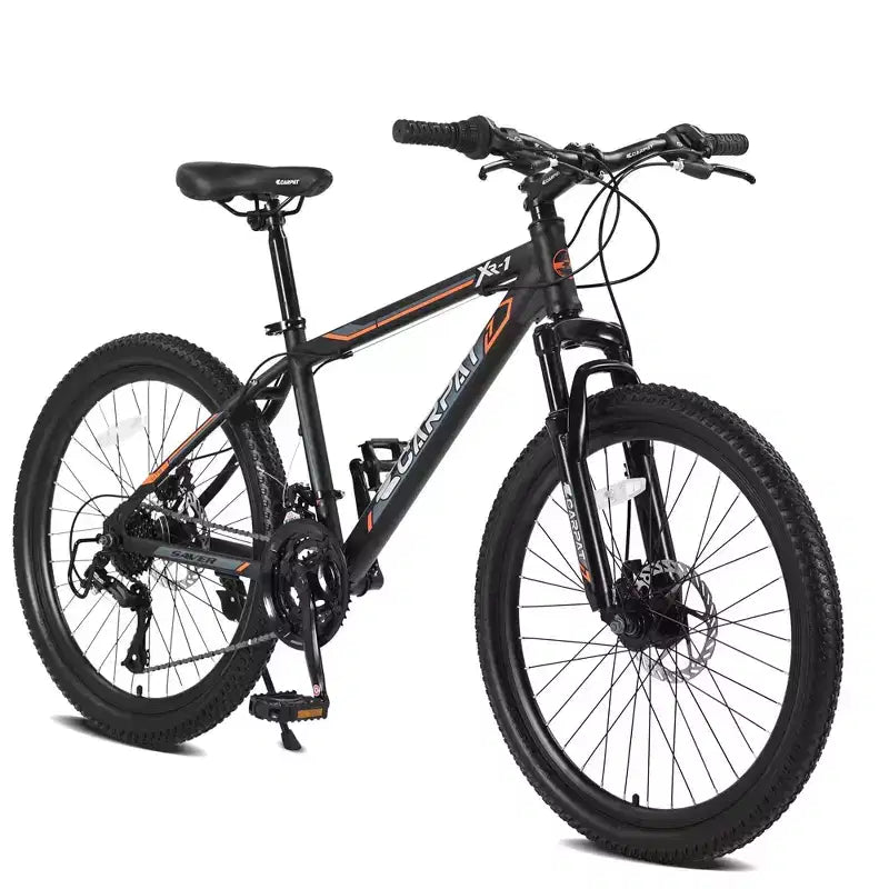 NAYSAYE 24 Inch Mountain Bike 21 Speed Dual Disc Brakes Steel Frame Bikes for Adults for Outdoor Adventure, Black and Orange, 56.3*7.88*28.35