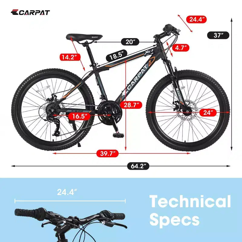 NAYSAYE Bicicletta Mountain Bike da 24 Pollici, 21 velocità, Freni a Disco Anteriori e Posteriori, Telaio in Acciaio, per Adulti, per Avventure all'Aperto, Nera e Arancione, 56.3*7.88*28.35