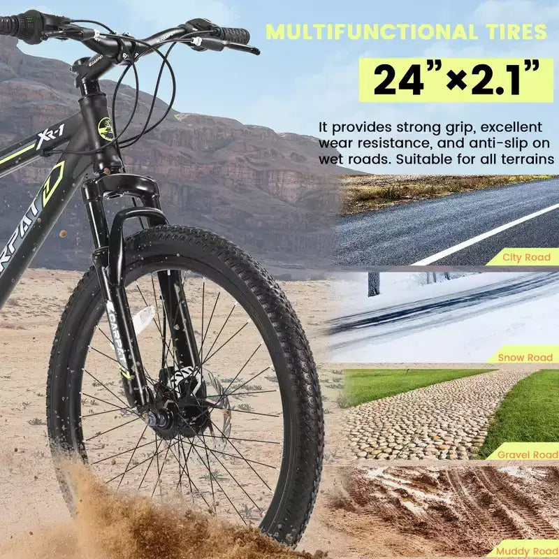 Bici da Montagna NAYSAYE da 24 Pollici, 21 velocità, Freni a Doppio Disco, Telaio in Acciaio, per Adulti, per Avventure all'Aperto, Nero e Verde, 26.3*7.88*28.35