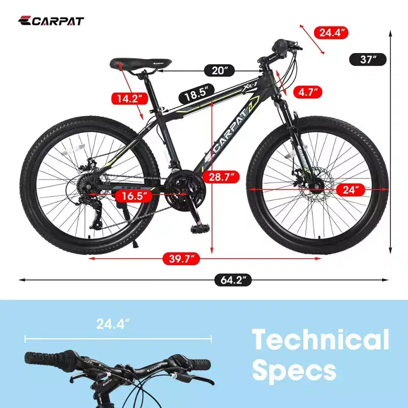 Bici da Montagna NAYSAYE da 24 Pollici, 21 velocità, Freni a Doppio Disco, Telaio in Acciaio, per Adulti, per Avventure all'Aperto, Nero e Verde, 26.3*7.88*28.35