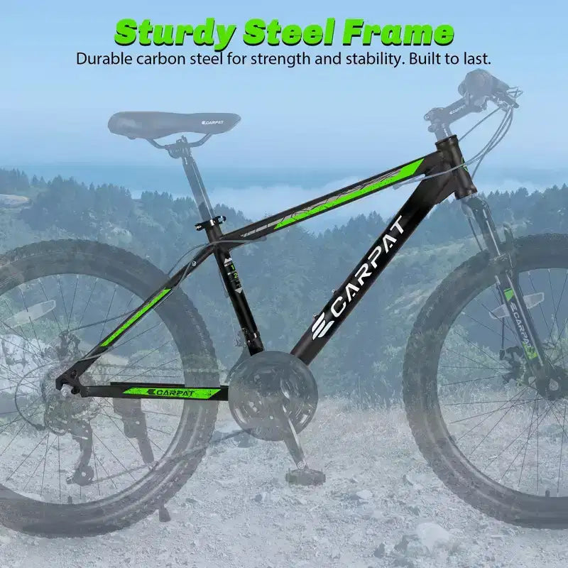 NAYSAYE Bicicletta Mountain Bike da 26 Pollici, 21 velocità, Freni a Disco, Telaio in Acciaio ad Alto Tenore di Carbonio, per Adulti, per Trail Riding, Nero e Verde, 71*25*39.3