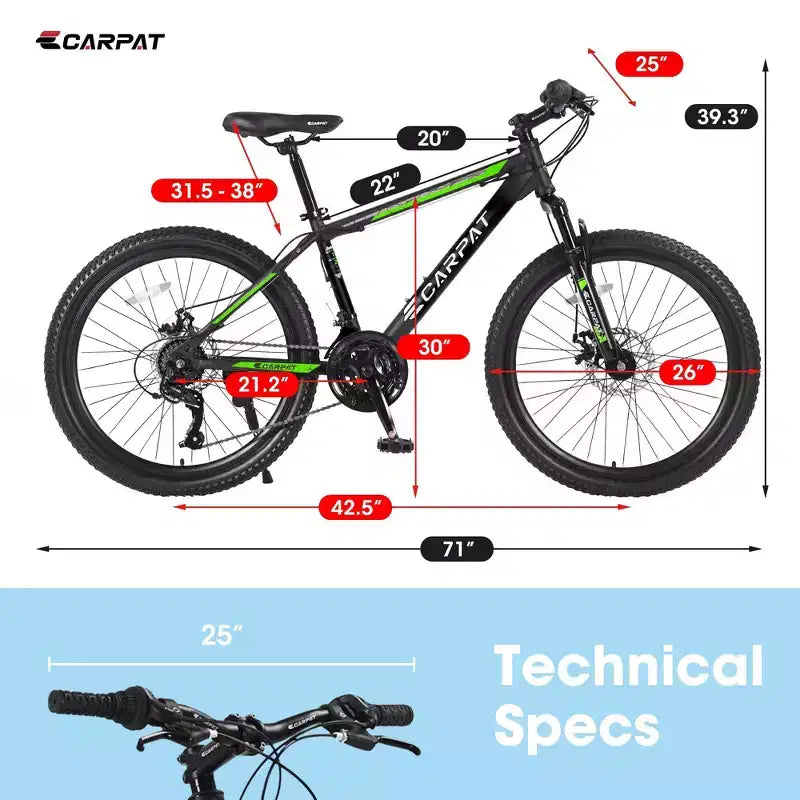 NAYSAYE Bicicletta Mountain Bike da 26 Pollici, 21 velocità, Freni a Disco, Telaio in Acciaio ad Alto Tenore di Carbonio, per Adulti, per Trail Riding, Nero e Verde, 71*25*39.3