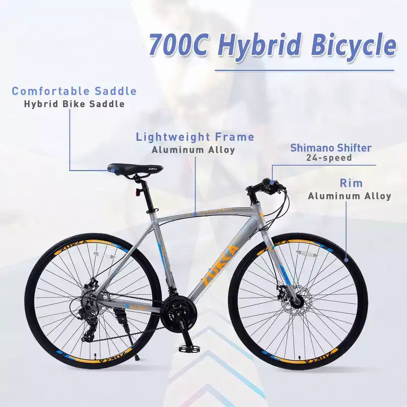 Bici ibrida Whisen 28 da adulto, bici da strada con cambio a 24 velocità, freni a disco