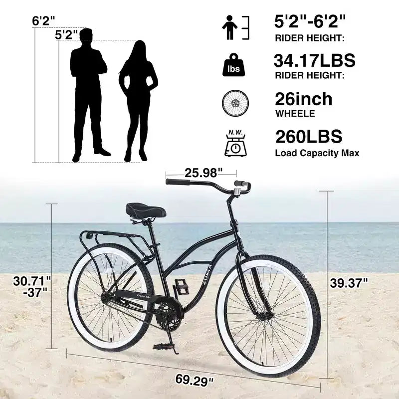 Bicicletta Whisen 26 da uomo, single speed con telaio in acciaio, ruote larghe per maggiore stabilità