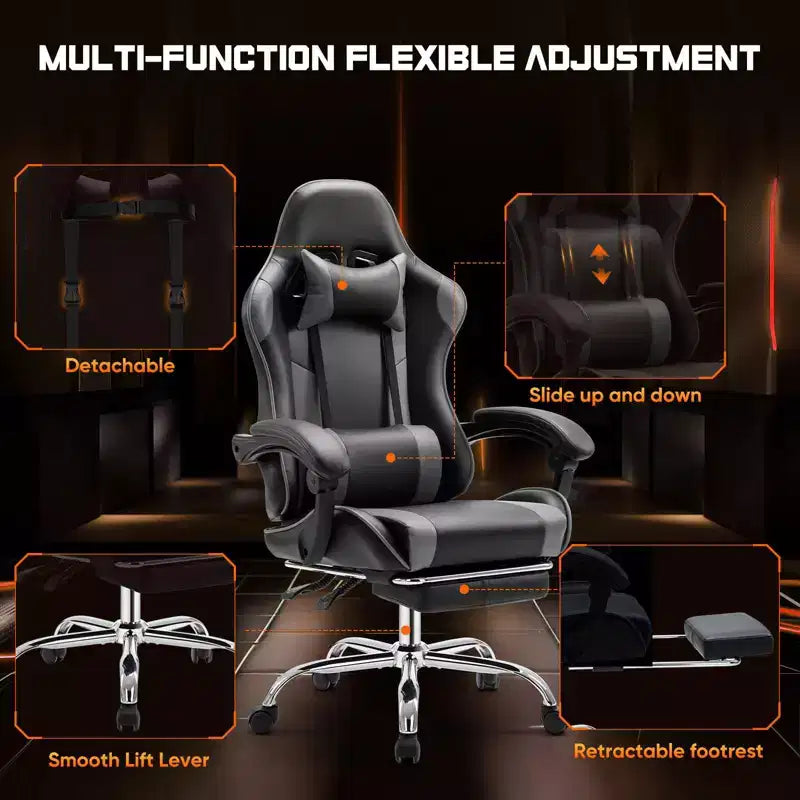 Okak Ergonomic Gaming Chair with Footrest and Lumbar Support, Computer Chair with Headrest and Armrest, Rolling Chair for Study, Office