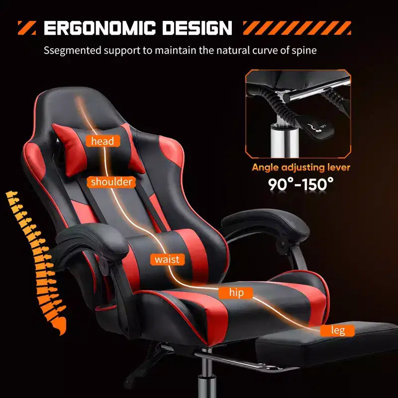 Okak Ergonomic Gaming Chair with Footrest and Lumbar Support, Computer Chair with Headrest and Armrest, Rolling Chair for Study, Office