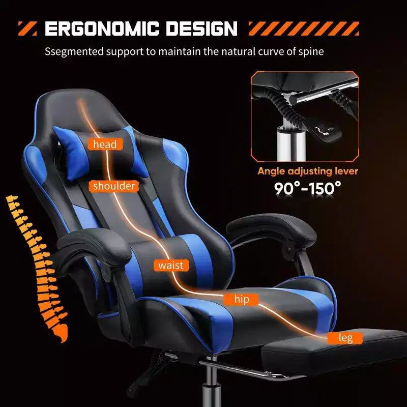 Okak Ergonomic Gaming Chair with Footrest and Lumbar Support, Computer Chair with Headrest and Armrest, Rolling Chair for Study, Office