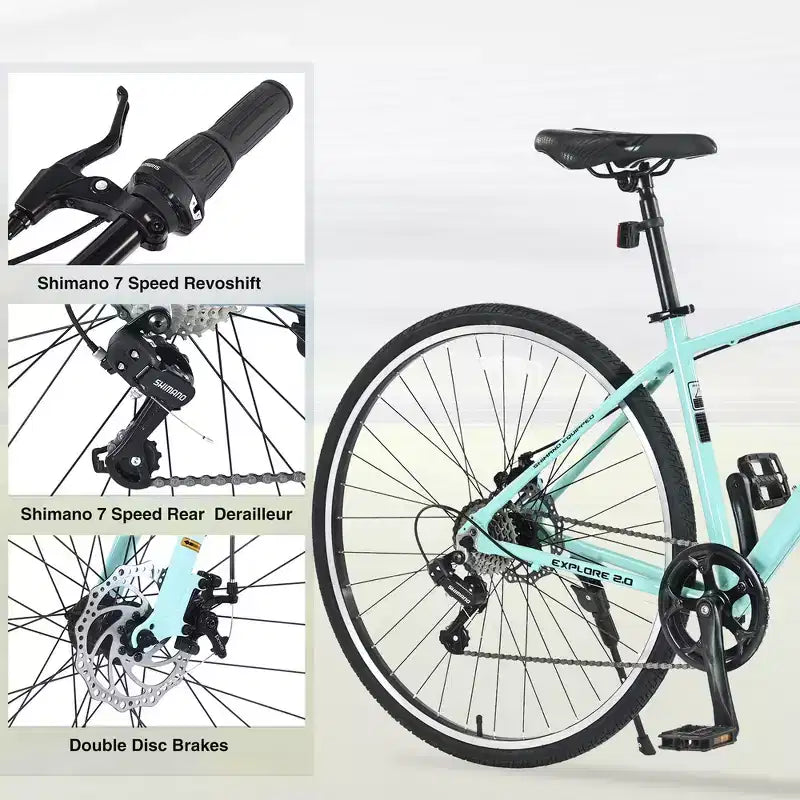 Bicicletta da strada Whisen 28, bici ibrida da città con telaio in lega di alluminio Shimano a 7 velocità, doppi freni a disco