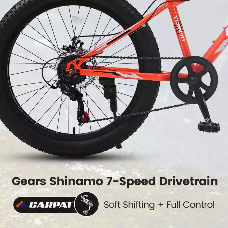 Bicicletta Okak 24" Fat Tire con Sospensione Anteriore, Mountain Bike a 7 Velocità con Freno a Disco e Telaio in Acciaio ad Alto Tenore di Carbonio, Bici da Trail per Pendolari