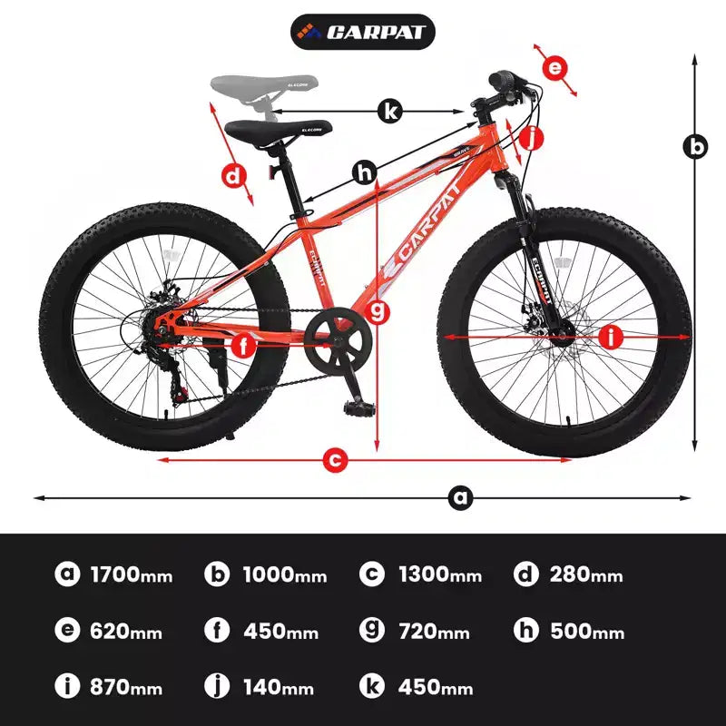 Bicicletta Okak 24" Fat Tire con Sospensione Anteriore, Mountain Bike a 7 Velocità con Freno a Disco e Telaio in Acciaio ad Alto Tenore di Carbonio, Bici da Trail per Pendolari