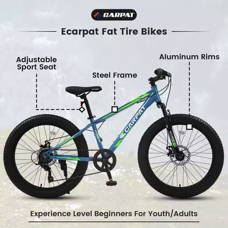 Bicicletta Okak 24" Fat Tire con Sospensione Anteriore, Mountain Bike a 7 Velocità con Freno a Disco e Telaio in Acciaio ad Alto Tenore di Carbonio, Bici da Trail per Pendolari