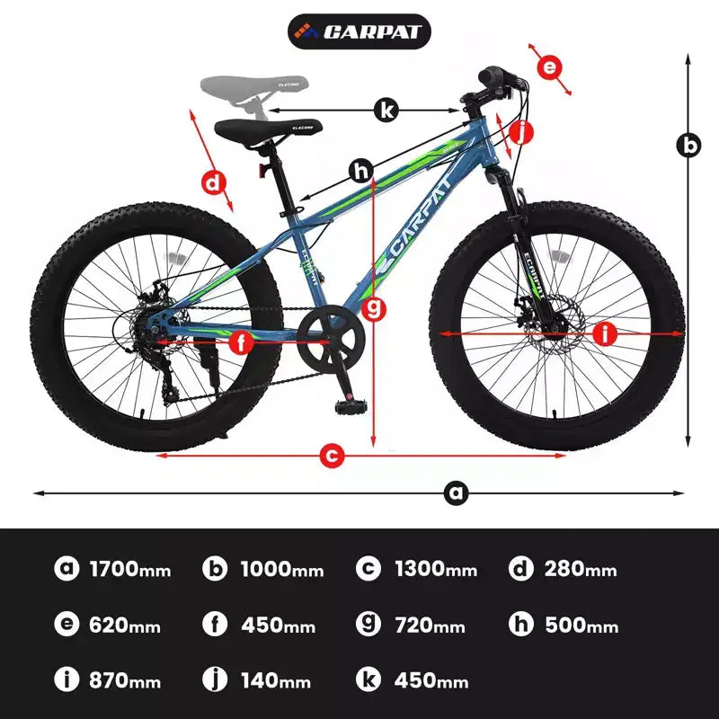 Bicicletta Okak 24" Fat Tire con Sospensione Anteriore, Mountain Bike a 7 Velocità con Freno a Disco e Telaio in Acciaio ad Alto Tenore di Carbonio, Bici da Trail per Pendolari