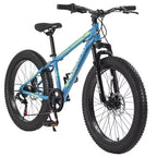 Bicicletta Okak 24" Fat Tire con Sospensione Anteriore, Mountain Bike a 7 Velocità con Freno a Disco e Telaio in Acciaio ad Alto Tenore di Carbonio, Bici da Trail per Pendolari