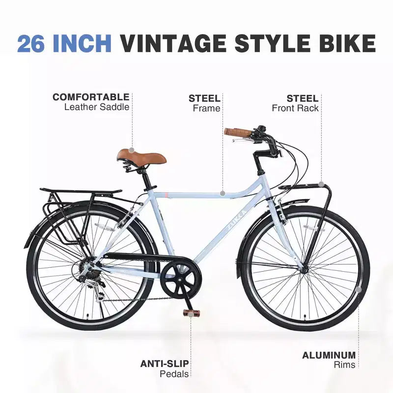Okak 26IN Biciclette Cruiser Vintage con Cavalletto in Metallo, Bici da Pendolare per Adulti con Telaio in Metallo e Carter Catena, Bicicletta per Pendolarismo, Viaggio