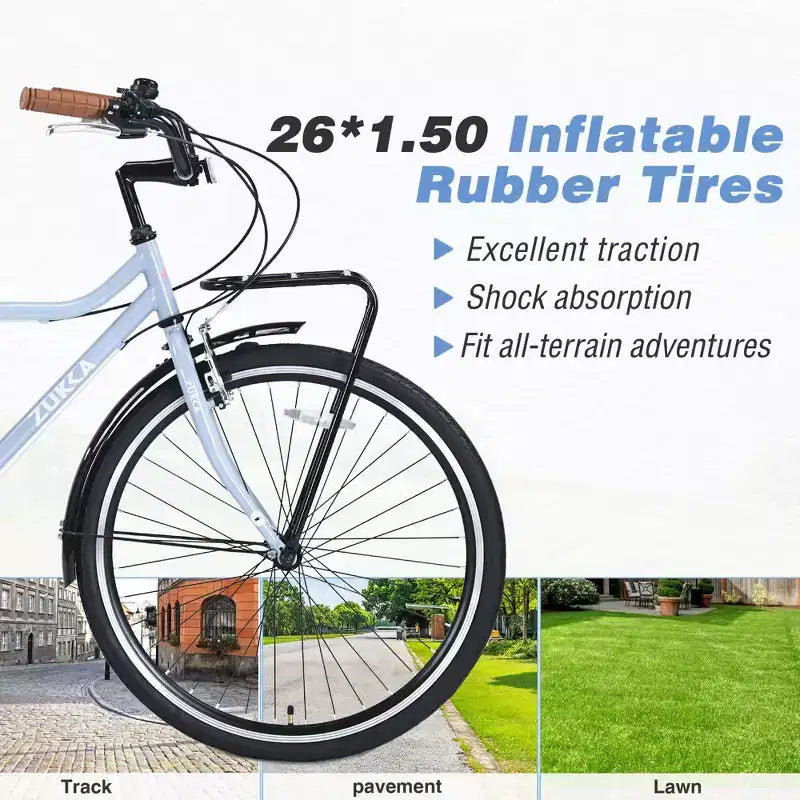 Okak 26IN Biciclette Cruiser Vintage con Cavalletto in Metallo, Bici da Pendolare per Adulti con Telaio in Metallo e Carter Catena, Bicicletta per Pendolarismo, Viaggio