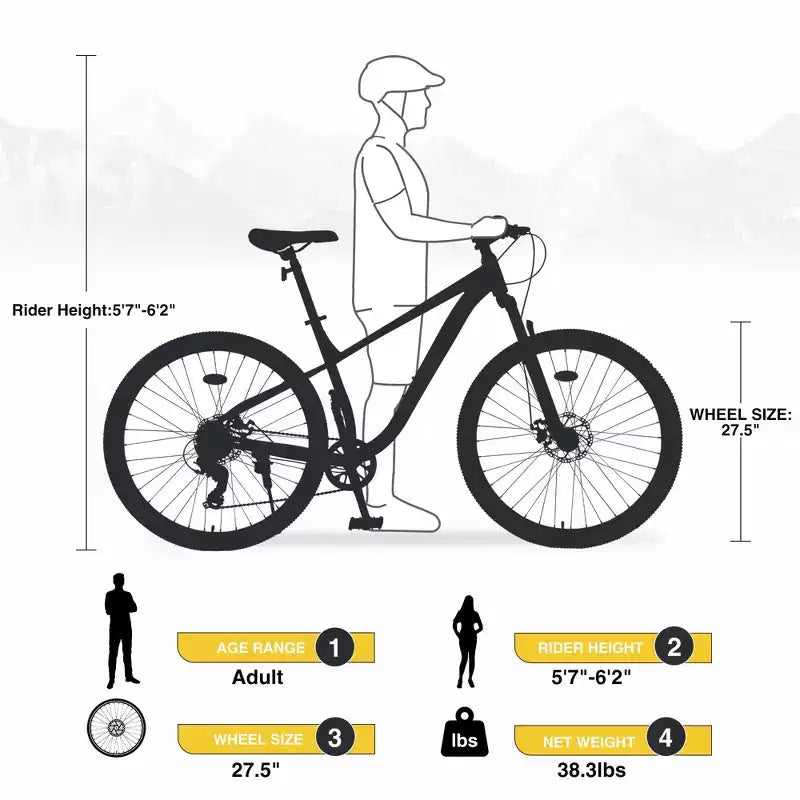 Okak Bicicletta da montagna 27,5 pollici, 8 velocità, con sospensione anteriore, mountain bike per bambini con doppi freni a disco, bici con telaio in acciaio per bambini e adulti