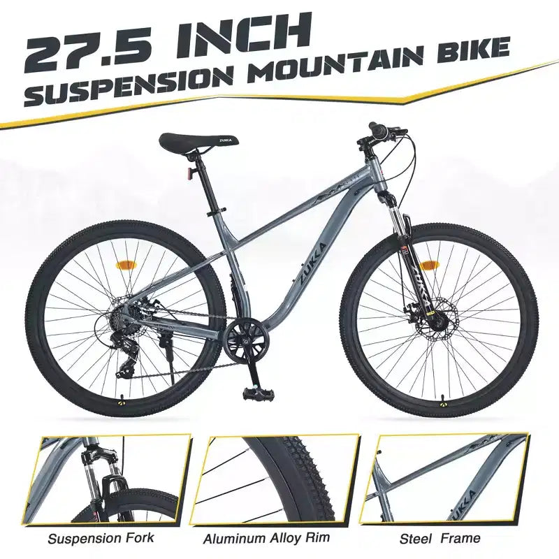 Okak Bicicletta da montagna 27,5 pollici, 8 velocità, con sospensione anteriore, mountain bike per bambini con doppi freni a disco, bici con telaio in acciaio per bambini e adulti