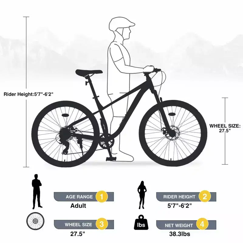 Okak Bicicletta da montagna 27,5 pollici, 8 velocità, con sospensione anteriore, mountain bike per bambini con doppi freni a disco, bici con telaio in acciaio per bambini e adulti