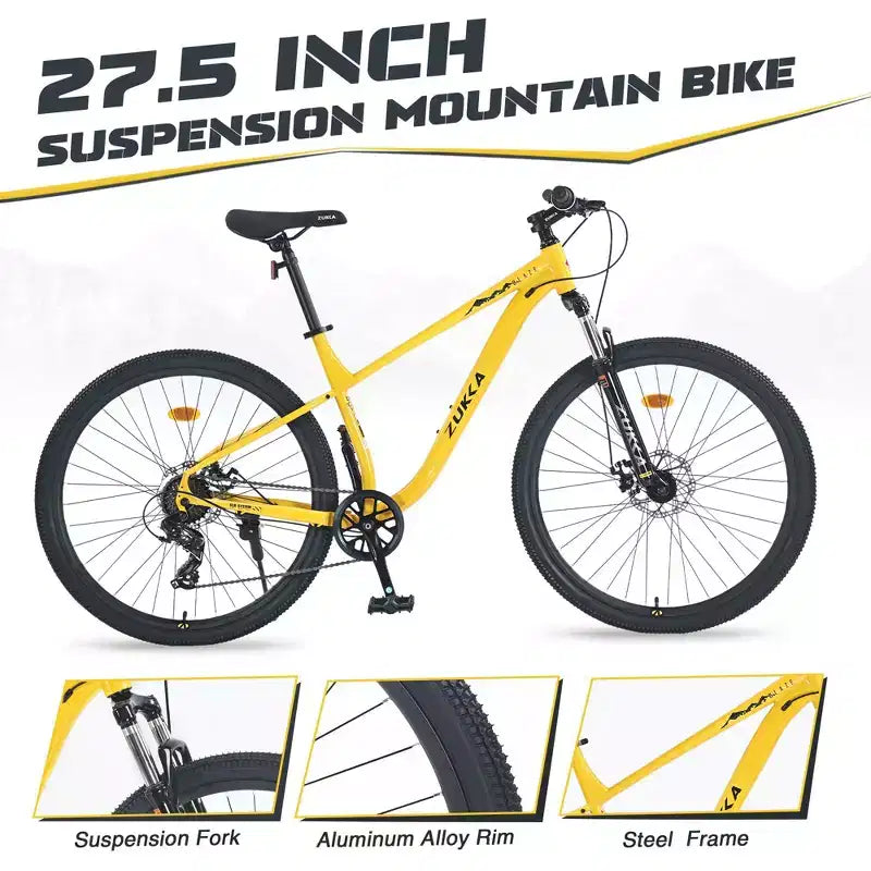 Okak Bicicletta da montagna 27,5 pollici, 8 velocità, con sospensione anteriore, mountain bike per bambini con doppi freni a disco, bici con telaio in acciaio per bambini e adulti