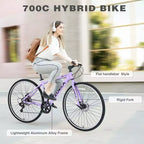 Okak 700C Bici Ibrida con Telaio in Lega di Alluminio e Freni a Doppio Disco, Bici da Strada con Manubrio Piatto, Bici per Adulti per Ciclismo su Strada e Viaggi