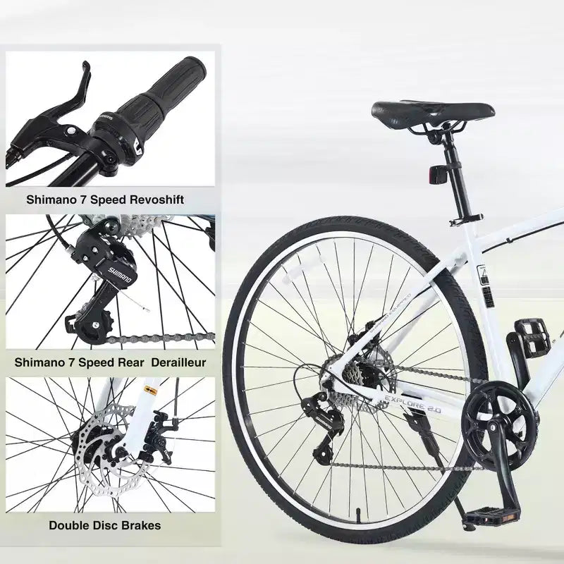 Okak 700C Bici Ibrida con Telaio in Lega di Alluminio e Freni a Doppio Disco, Bici da Strada con Manubrio Piatto, Bici per Adulti per Ciclismo su Strada e Viaggi