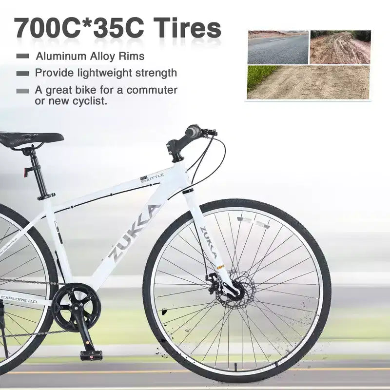 Okak 700C Bici Ibrida con Telaio in Lega di Alluminio e Freni a Doppio Disco, Bici da Strada con Manubrio Piatto, Bici per Adulti per Ciclismo su Strada e Viaggi
