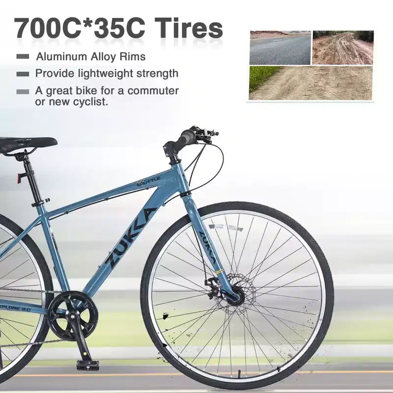 Okak 700C Bici Ibrida con Telaio in Lega di Alluminio e Freni a Doppio Disco, Bici da Strada con Manubrio Piatto, Bici per Adulti per Ciclismo su Strada e Viaggi
