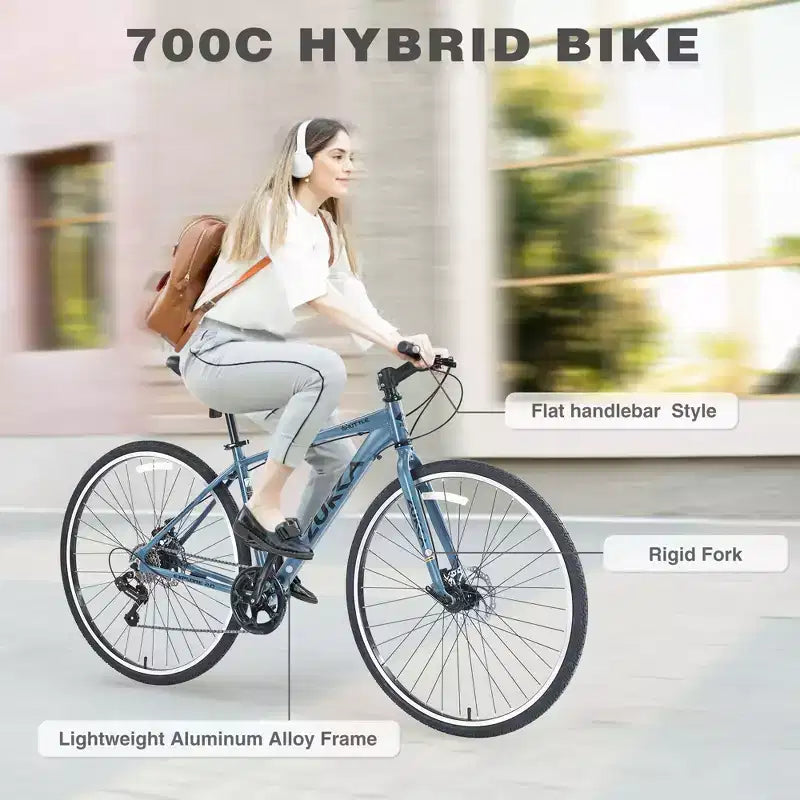 Okak 700C Bici Ibrida con Telaio in Lega di Alluminio e Freni a Doppio Disco, Bici da Strada con Manubrio Piatto, Bici per Adulti per Ciclismo su Strada e Viaggi