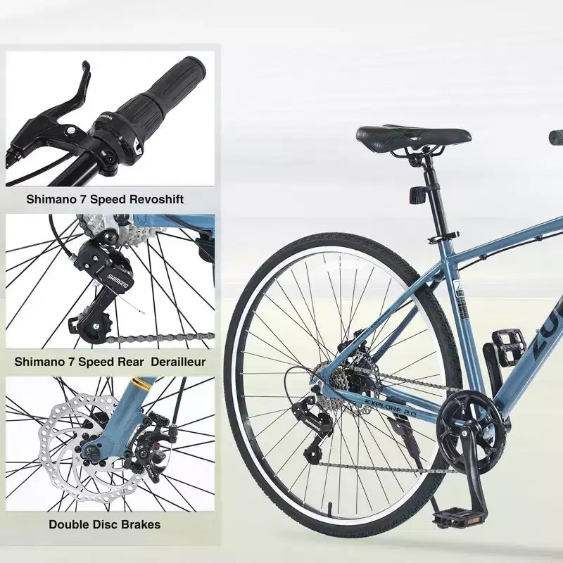 Okak 700C Bici Ibrida con Telaio in Lega di Alluminio e Freni a Doppio Disco, Bici da Strada con Manubrio Piatto, Bici per Adulti per Ciclismo su Strada e Viaggi