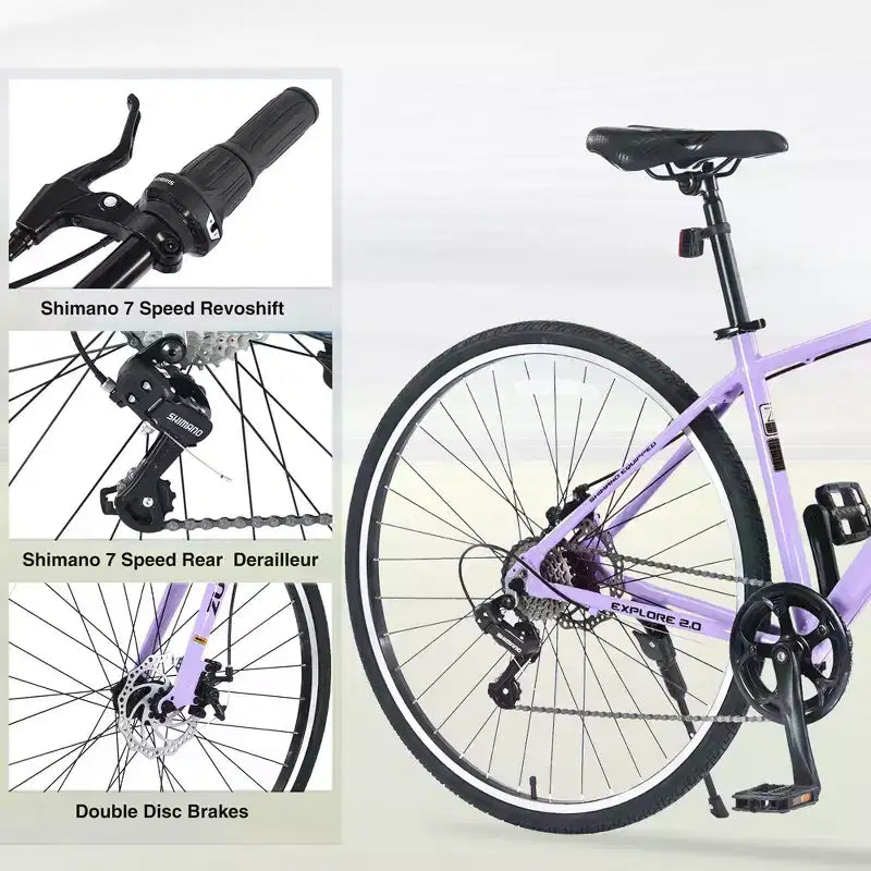 Okak 700C Bici Ibrida con Telaio in Lega di Alluminio e Freni a Doppio Disco, Bici da Strada con Manubrio Piatto, Bici per Adulti per Ciclismo su Strada e Viaggi