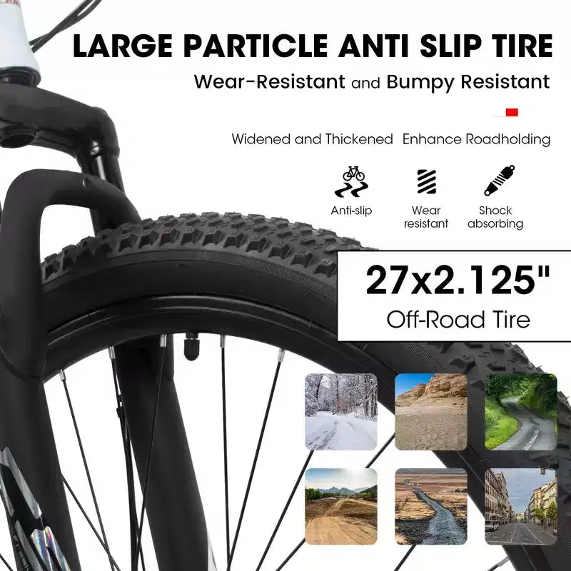 Okak Bicicletta da Montagna da 27" con Forcella Ammortizzata e Telaio in Alluminio, Bici da Dirt da 21 Velocità con Freno a Disco, Bici per Adulti per Uomini e Donne