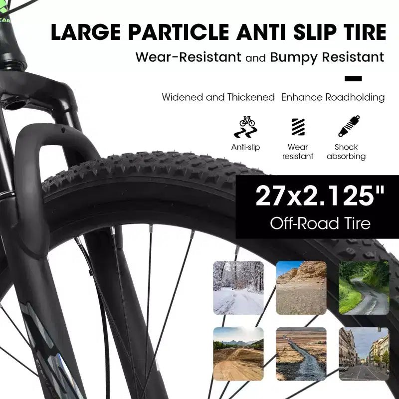 Okak Bicicletta da Montagna da 27" con Forcella Ammortizzata e Telaio in Alluminio, Bici da Dirt da 21 Velocità con Freno a Disco, Bici per Adulti per Uomini e Donne