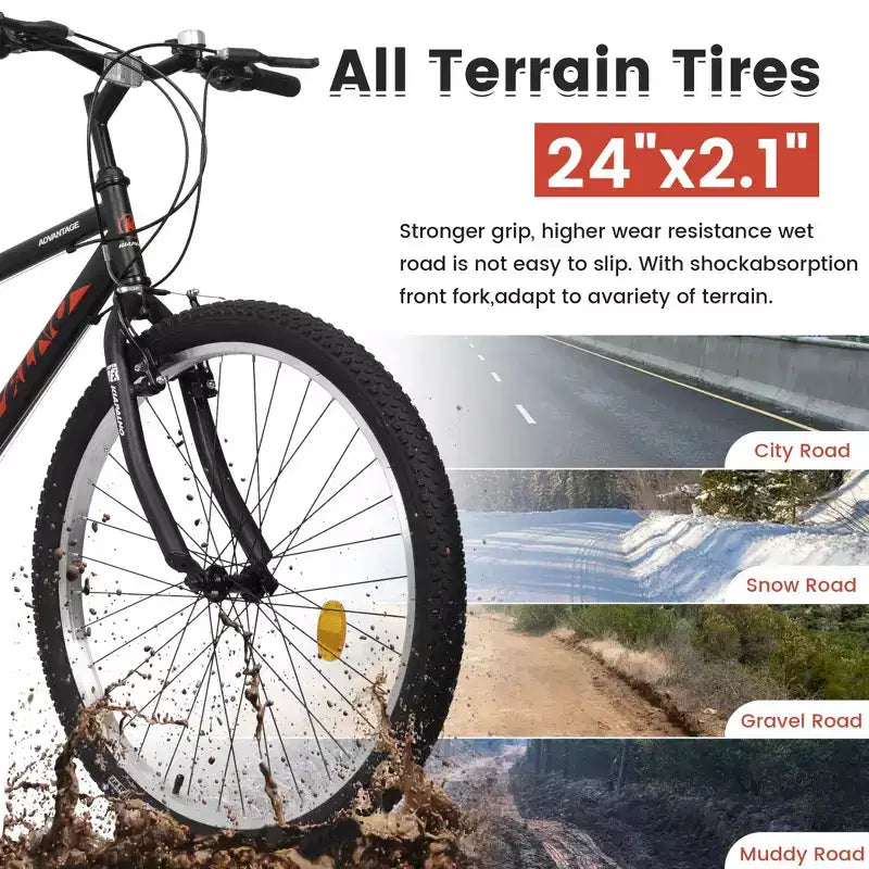Okak Bici da Montagna con Telaio in Acciaio al Carbonio da 24 Pollici, Bici per Bambini a 21 Velocità con Doppio Freno a V e Sella Ergonomica, Bicicletta per Pendolarismo e Viaggi