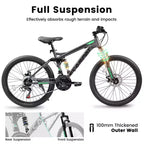 Okak Bicicletta da Montagna da 24 Pollici in Acciaio al Carbonio con Sospensione Completa, Bici da Uomo con Cambio a 21 Velocità e Freni a Disco, Bicicletta per Bambini e Adulti