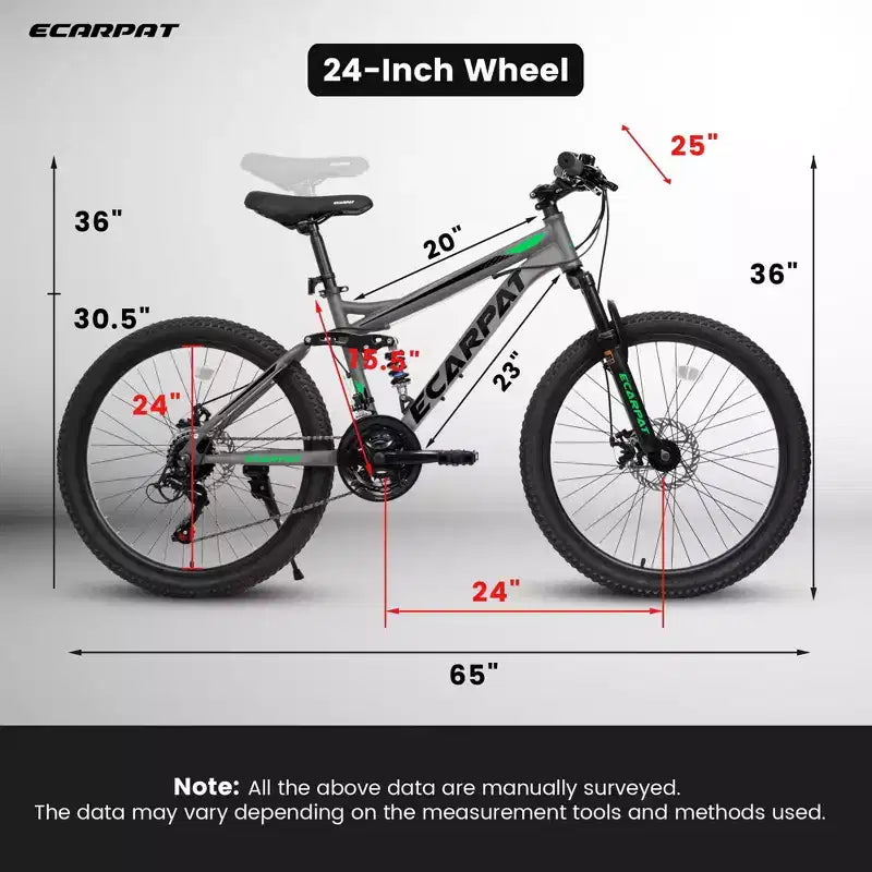 Okak Bicicletta da Montagna da 24 Pollici in Acciaio al Carbonio con Sospensione Completa, Bici da Uomo con Cambio a 21 Velocità e Freni a Disco, Bicicletta per Bambini e Adulti