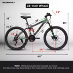 Okak Bicicletta da Montagna da 24 Pollici in Acciaio al Carbonio con Sospensione Completa, Bici da Uomo con Cambio a 21 Velocità e Freni a Disco, Bicicletta per Bambini e Adulti
