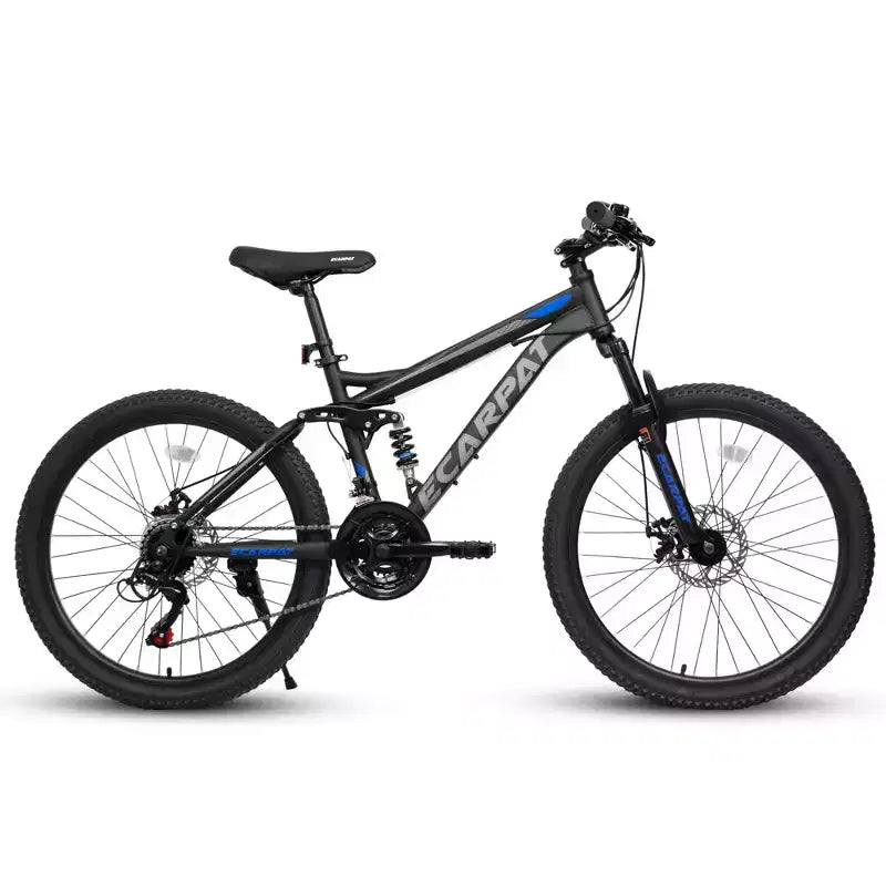 Okak Bicicletta da Montagna da 24 Pollici in Acciaio al Carbonio con Sospensione Completa, Bici da Uomo con Cambio a 21 Velocità e Freni a Disco, Bicicletta per Bambini e Adulti