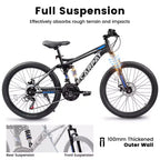 Okak Bicicletta da Montagna da 24 Pollici in Acciaio al Carbonio con Sospensione Completa, Bici da Uomo con Cambio a 21 Velocità e Freni a Disco, Bicicletta per Bambini e Adulti