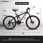 Okak Bicicletta da Montagna da 24 Pollici in Acciaio al Carbonio con Sospensione Completa, Bici da Uomo con Cambio a 21 Velocità e Freni a Disco, Bicicletta per Bambini e Adulti